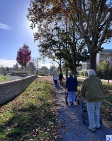 Senioren laufen mit einer Gehhilfe durch den Park.
